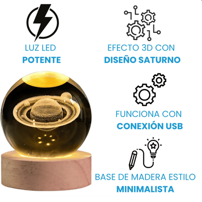 Esfera de Cristal Saturno con Luz LED